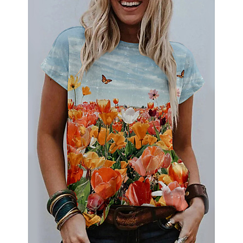

Women's Painting T shirt Floral Graphic Butterfly Print Round Neck Basic Tops Red