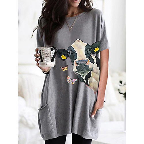 

Women's T shirt Dress Graphic Cow Animal Round Neck Tops Basic Basic Top Black Wine Army Green