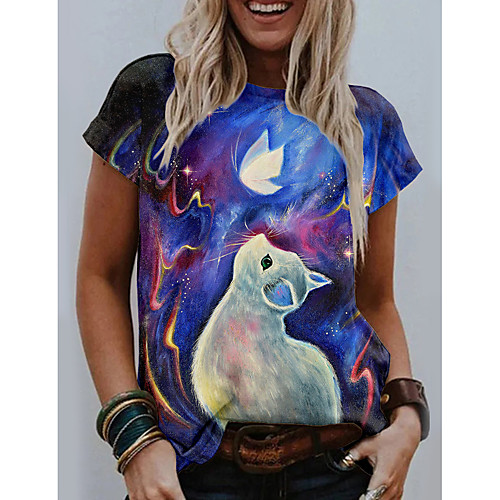 

Women's Abstract 3D Cat Painting T shirt Graphic Animal Print Round Neck Basic Tops Blue