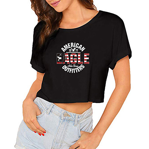 

Women's Crop Tshirt Graphic Letter Print Round Neck Tops 100% Cotton Basic Basic Top Black
