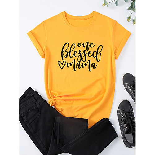 

Women's T shirt Graphic Text Graphic Prints Print Round Neck Basic Tops 100% Cotton Black Purple Yellow