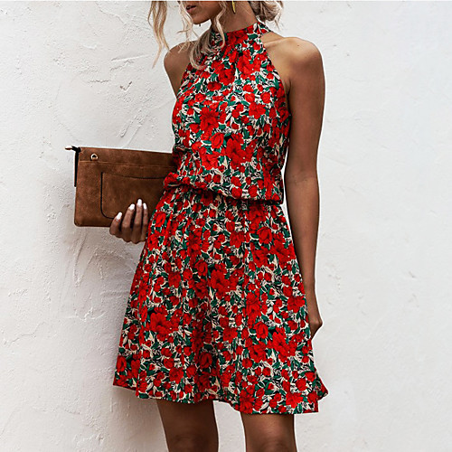 

Women's Sundress Short Mini Dress Sleeveless Print Summer Halter Neck Casual Holiday Loose 2021 S M L XL