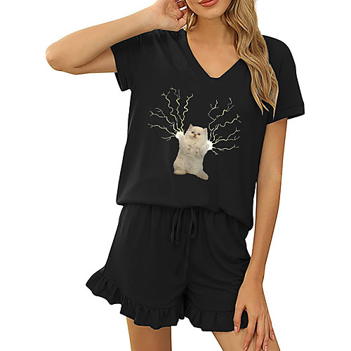 

Women's Basic Streetwear Cat Vacation Casual / Daily Two Piece Set Tracksuit T shirt Loungewear Shorts Drawstring Ruffle Print Tops