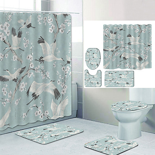 

White Bird under Tree Digital Printing Four-piece Set Shower Curtains and Hooks Modern Polyester Machine Made Waterproof Bathroom