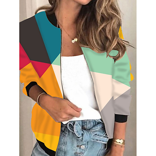 

Women's Jacket Daily Fall Spring Regular Coat Regular Fit Casual Jacket Long Sleeve Color Block Print Rainbow
