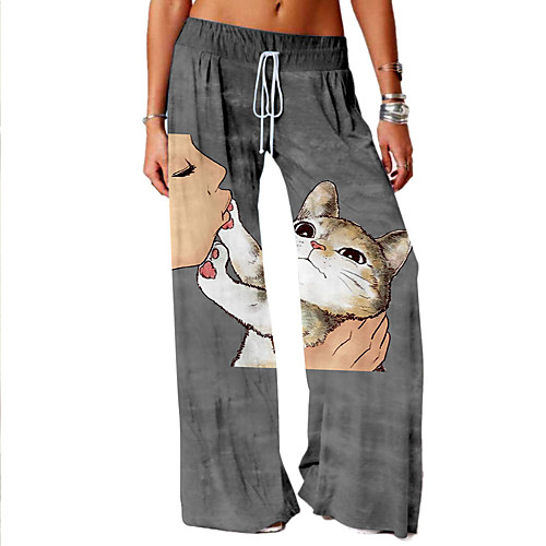 

Women's Basic Soft Comfort Daily Home Chinos Pants Cat Graphic Prints Full Length Elastic Drawstring Design Print Khaki Gray