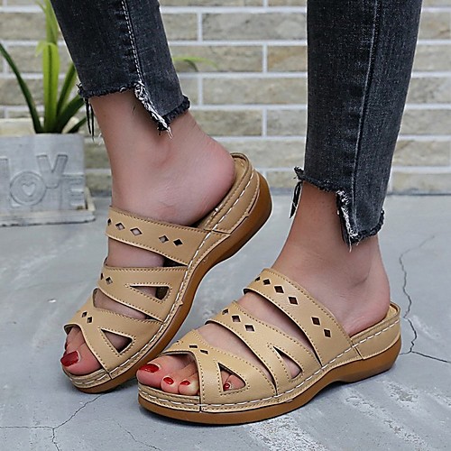 

Women's Sandals Flat Heel Round Toe PU Color Block Light Brown Light Green Dark Blue