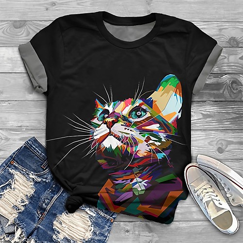 

Women's Plus Size Tops T shirt Cat Graphic Animal Print Short Sleeve Crewneck Basic Black Big Size XL XXL 3XL 4XL 5XL / Holiday