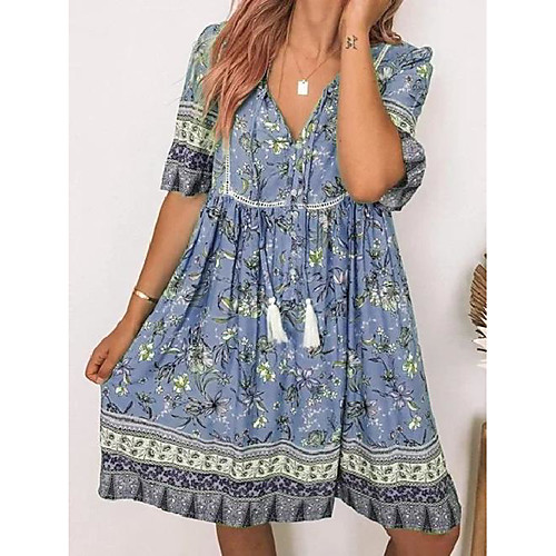 

Women's Shirt Dress Knee Length Dress Short Sleeve Print Smocked Spring & Summer V Neck Hot Casual Boho 2021 S M L XL XXL