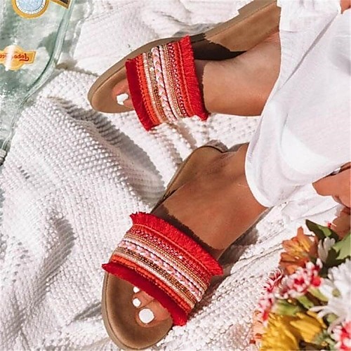 

Women's Sandals Boho Bohemia Beach Flat Heel Round Toe Rubber Tassel Color Block Almond Red