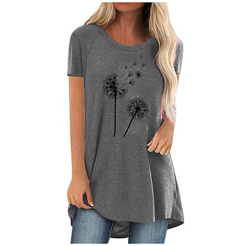 

amazon 2021 summer hot sale 2 dandelion printed casual large size long round neck short sleeve t-shirt women