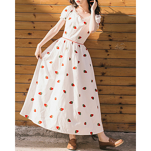 

A-Line Maxi Boho Holiday Party Wear Dress V Neck Short Sleeve Ankle Length Cotton with Embroidery 2021