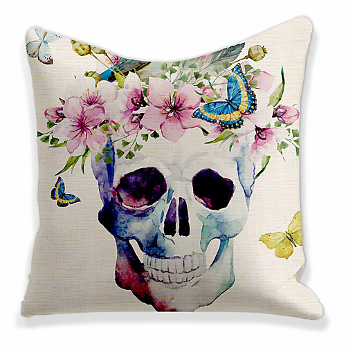 

Double Side 1 Pc Cushion Cover Print 45x45cm Faux Linen for Sofa Bedroom Skull Head Patio Throw Pillow Covers for Garden Farmhouse Bench Couch