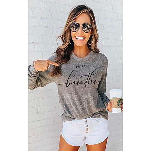 

Women's T shirt Letter Long Sleeve Round Neck Tops Basic Basic Top Gray