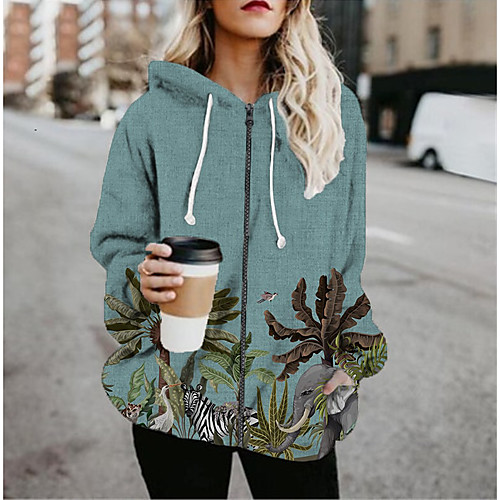 

Women's Jacket Daily Fall Spring Regular Coat Regular Fit Casual Jacket Long Sleeve Plants Print Green / Holiday