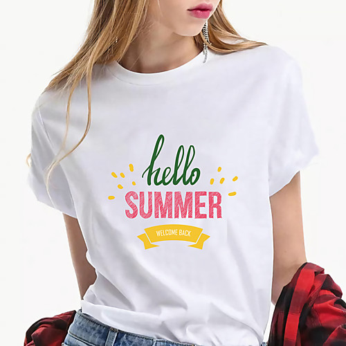 

Women's Holiday Hawaii T shirt Floral Heart Letter Print Round Neck Basic Tops 100% Cotton Green Rainbow White