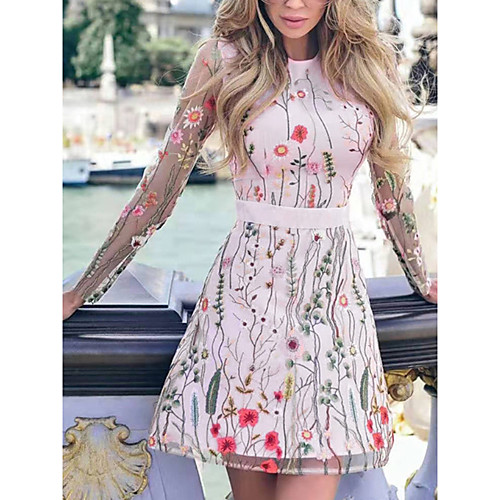 

Women's A Line Dress Short Mini Dress Blushing Pink Long Sleeve Floral Color Block Summer Round Neck Holiday Casual / Daily 2021 S M L XL