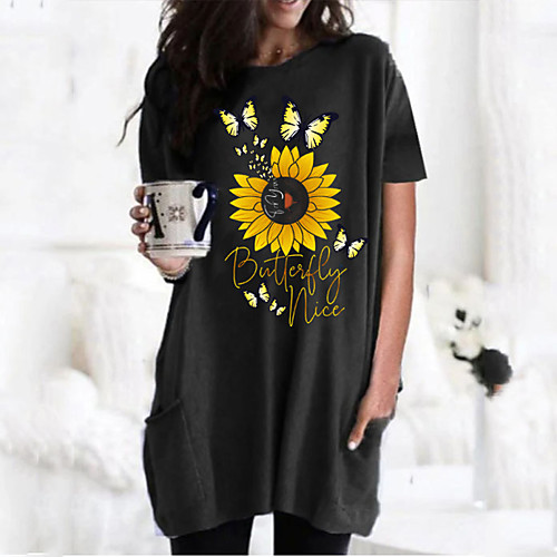 

Women's T shirt Dress Graphic Butterfly Flower Round Neck Tops Basic Basic Top Black Wine Army Green
