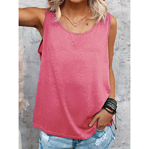 

Women's Tank Top Vest T shirt Plain Round Neck Basic Tops Cotton Blue Purple Blushing Pink