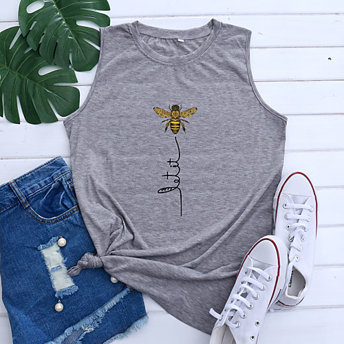 

Women's Holiday Tank Top Vest T shirt Graphic Bee Letter Print Round Neck Basic Tops Blue Purple Light gray / Going out