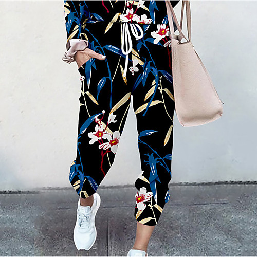 

Women's Basic Soft Comfort Daily Home Jogger Pants Flower / Floral Graphic Prints Full Length Elastic Drawstring Design Print White Black Blue Purple Yellow