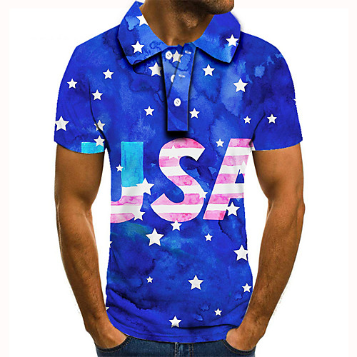 

Men's Golf Shirt Tennis Shirt 3D Print Graphic Prints Star American Flag Button-Down Short Sleeve Street Tops Casual Fashion Cool Blue / Sports