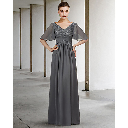 

A-Line Mother of the Bride Dress Elegant V Neck Floor Length Chiffon Lace Half Sleeve with Pleats Appliques 2021