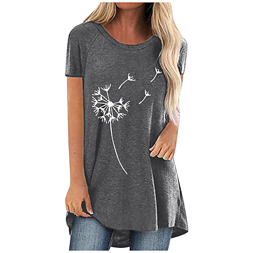 

amazon 2021 summer hot sale dandelion print casual large size mid-length round neck short-sleeved t-shirt women