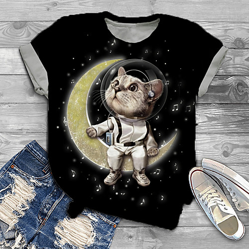 

Women's Plus Size Tops T shirt Cat Graphic Astronaut Print Short Sleeve Crewneck Basic Black Big Size XL XXL 3XL 4XL 5XL / Holiday