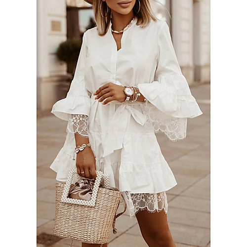 

Women's Sheath Dress Short Mini Dress Blue Khaki White Long Sleeve Solid Color Lace Fall Summer Shirt Collar Casual 2021 S M L XL XXL 3XL