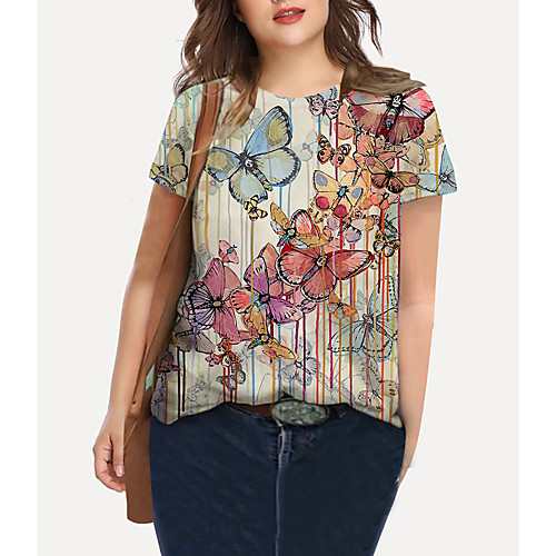 

Women's Plus Size Tops T shirt Graphic Butterfly Print Short Sleeve Crewneck Basic Yellow Green Big Size XL XXL 3XL 4XL 5XL / Holiday / Going out