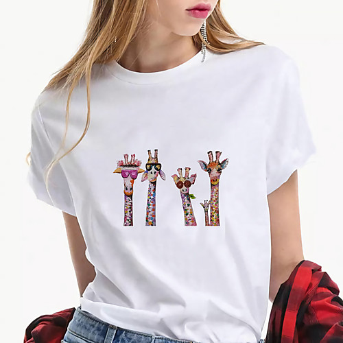

Women's T shirt Giraffe Cow Animal Print Round Neck Tops 100% Cotton Basic Basic Top White Purple Khaki