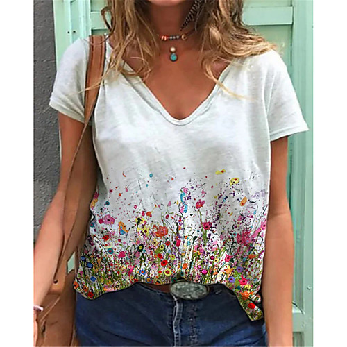 

Women's T shirt Flower V Neck Tops Basic Basic Top White