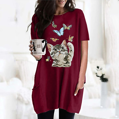 

Women's T shirt Dress Cat Graphic Round Neck Tops Basic Basic Top Black Wine Army Green