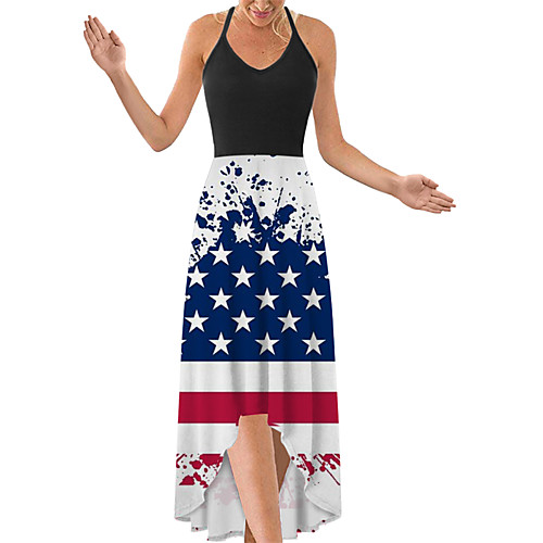 

2021 independence day wish hot high-waist mid-length digital print cross-back halterneck dress