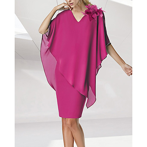 

Sheath / Column Mother of the Bride Dress Elegant V Neck Knee Length Chiffon Sleeveless with Flower 2021