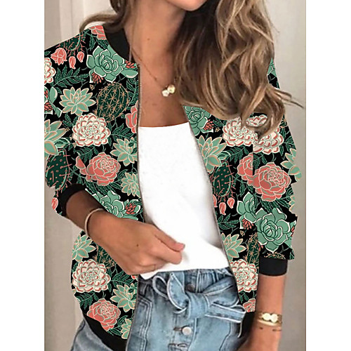 

Women's Jacket Daily Fall Spring Regular Coat Regular Fit Casual Jacket Long Sleeve Floral Print Light Blue