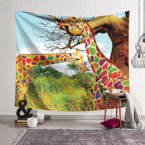 

Wall Tapestry Art Decor Blanket Curtain Hanging Home Bedroom Living Room Decoration Polyester Rainbow Colored Giraffe Eating Grass