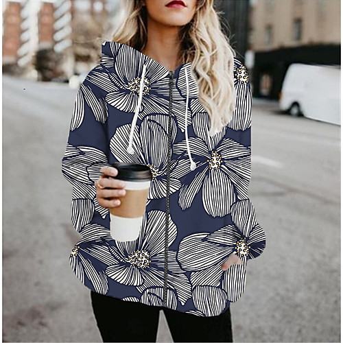 

Women's Jacket Daily Fall Spring Regular Coat Regular Fit Casual Jacket Long Sleeve Floral Print Blue / Holiday