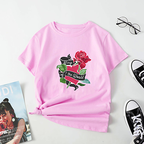 

Women's T shirt Floral Heart Letter Print Round Neck Tops Cotton Basic Basic Top White Blue Yellow