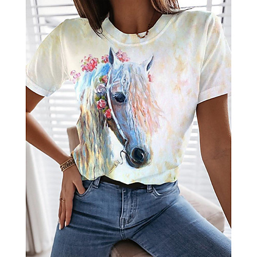 

Women's Painting T shirt Graphic Animal Print Round Neck Basic Tops White