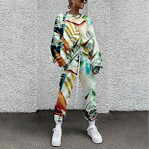 

Women's Basic Streetwear Plant Vacation Casual / Daily Two Piece Set Tracksuit T shirt Pant Loungewear Jogger Pants Drawstring Print Tops