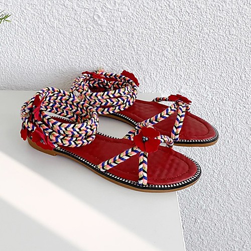 

Women's Sandals Lace up Flat Heel Faux Leather Burgundy Pink