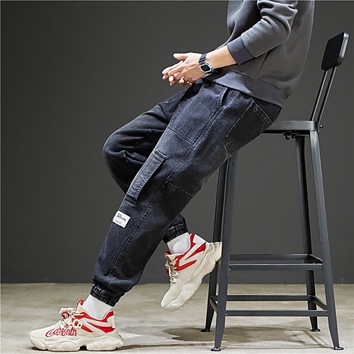 

Men's Chino Jeans Pants Solid Color Letter Black Blue
