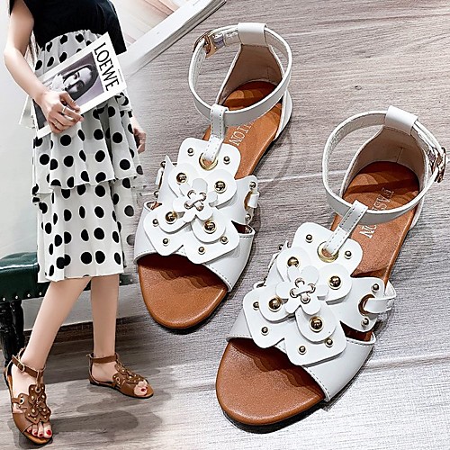 

Women's Sandals Flat Heel Pointed Toe PU Beading Solid Colored White Brown