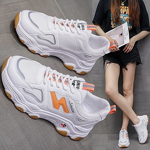 

Women's Trainers Athletic Shoes Dad Shoes Wedge Heel Round Toe PU Lace-up Striped Blue Orange Gray