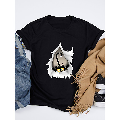 

Women's T shirt Graphic 3D Print Round Neck Tops 100% Cotton Basic Basic Top White Black Blue
