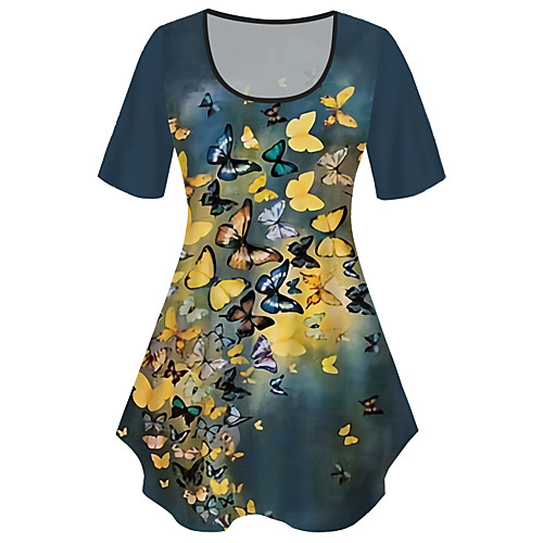 

Women's Plus Size Tops T shirt Graphic Butterfly Print Short Sleeve Crewneck Basic Blue Big Size XL XXL 3XL 4XL 5XL