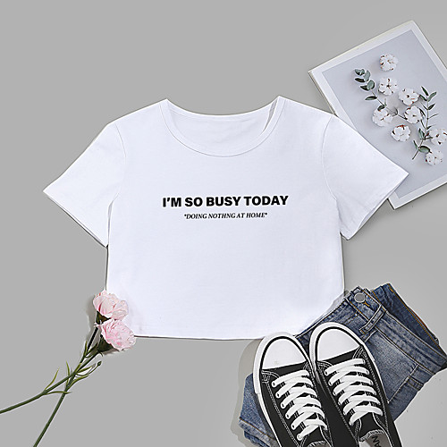 

Women's Crop Tshirt Letter Print Round Neck Tops Cotton Basic Basic Top White Black