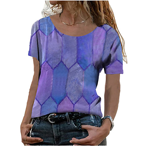 

Women's T shirt Geometric Tie Dye Print Round Neck Tops Basic Basic Top Blue Purple Fuchsia